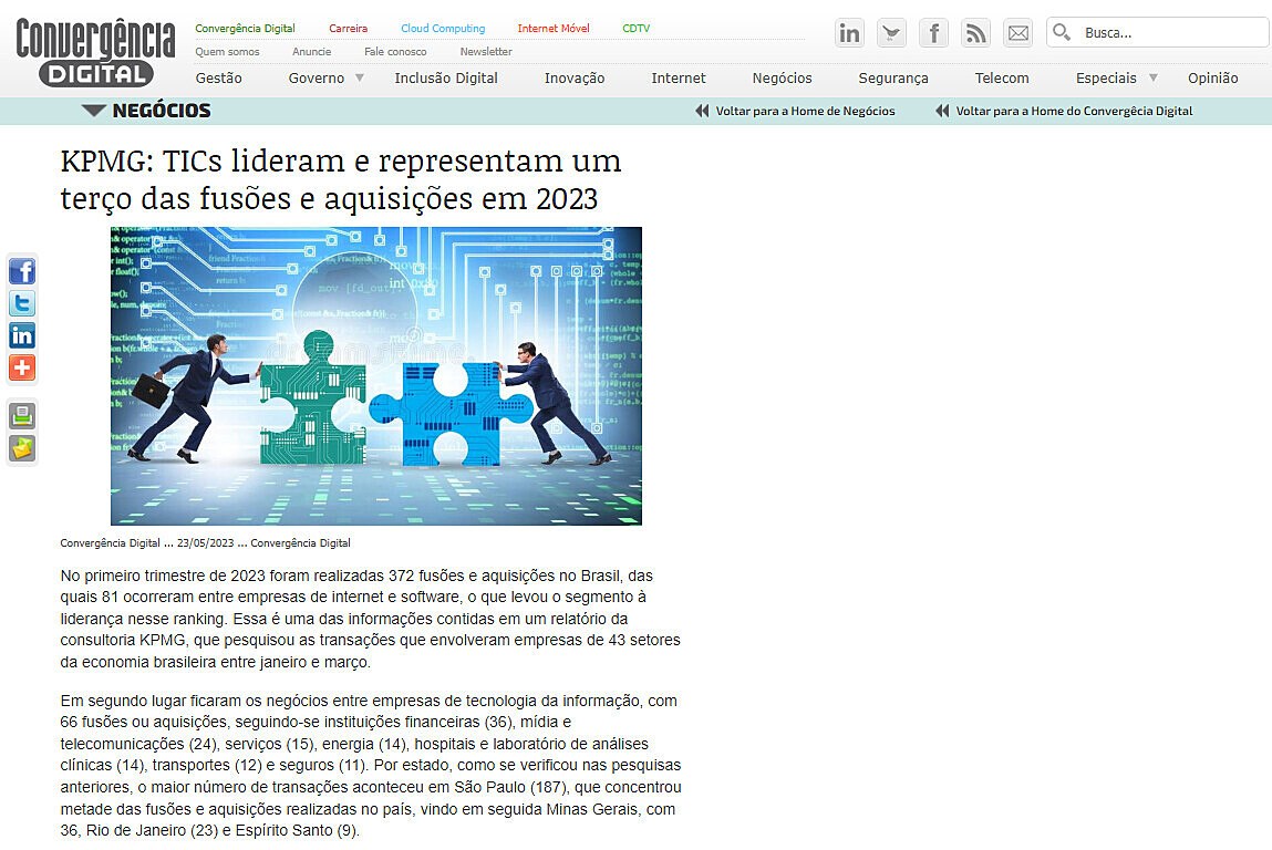 KPMG: TICs lideram e representam um tero das fuses e aquisies em 2023